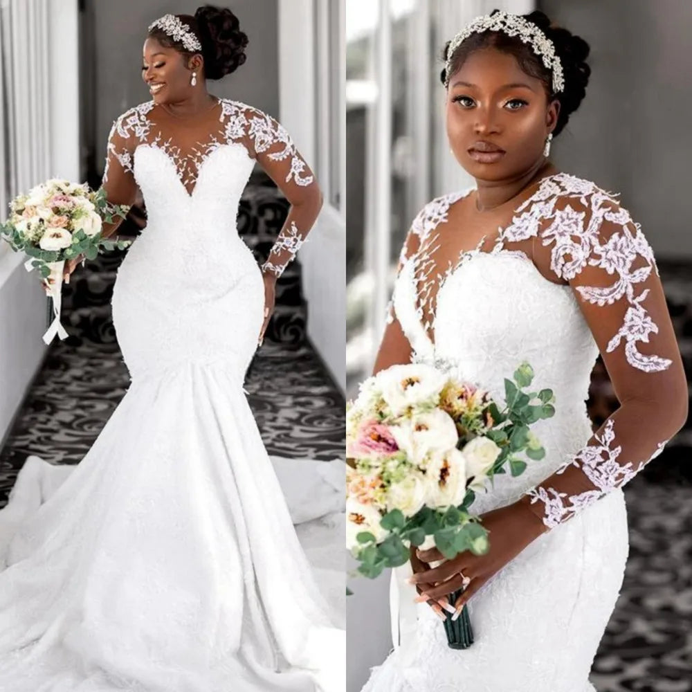 Luxury Scoop Neck Appliques Mermaid Wedding Dresses for Bride Robe De Mariée African Long Sleeves Bridal Gowns Vestido de  novia