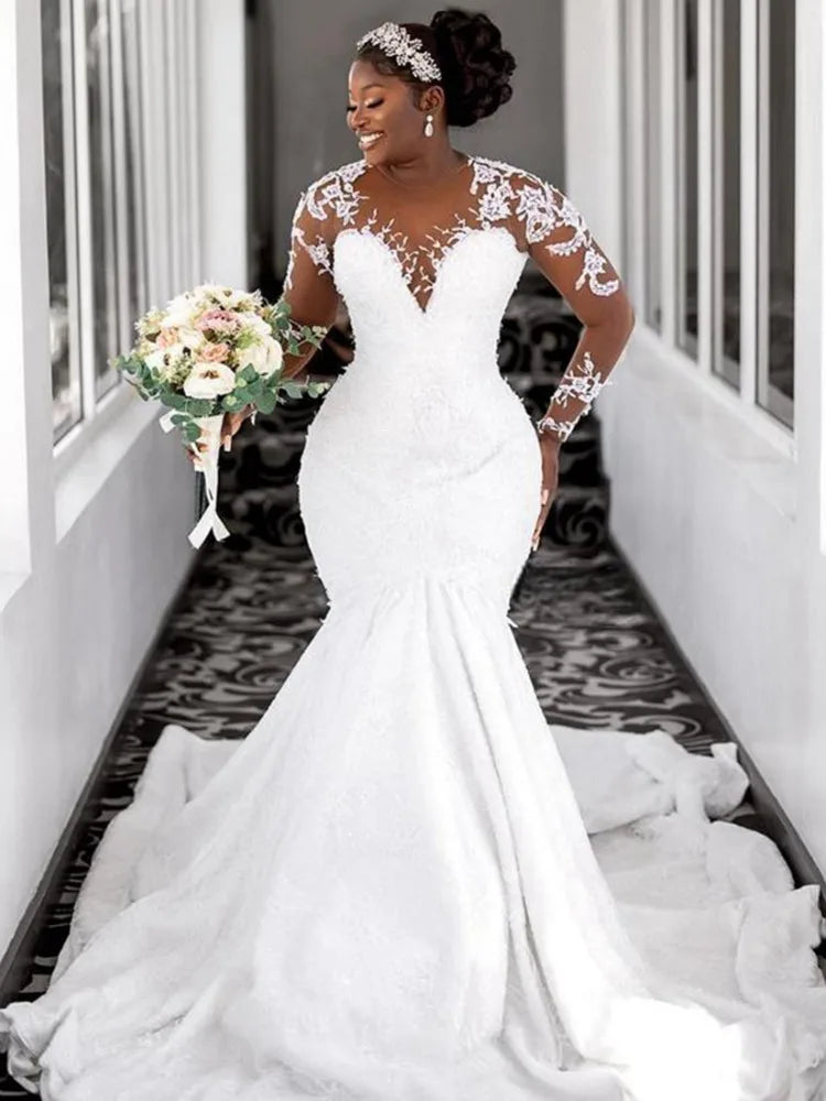 Luxury Scoop Neck Appliques Mermaid Wedding Dresses for Bride Robe De Mariée African Long Sleeves Bridal Gowns Vestido de  novia