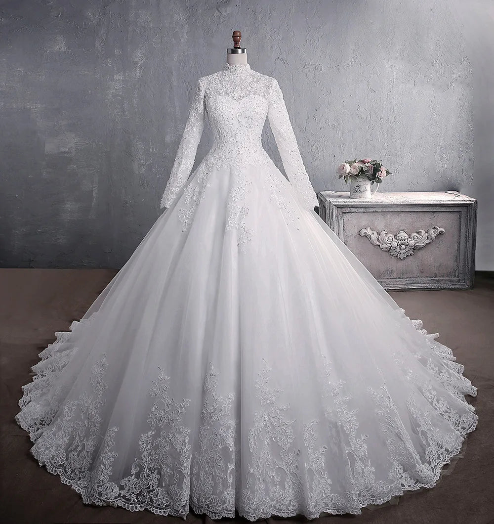 Wedding Dress 2021 Elegant High Neck With Train Princess Bride Dress Luxury Lace Embroidery Wedding Gown Vestido De Noiva