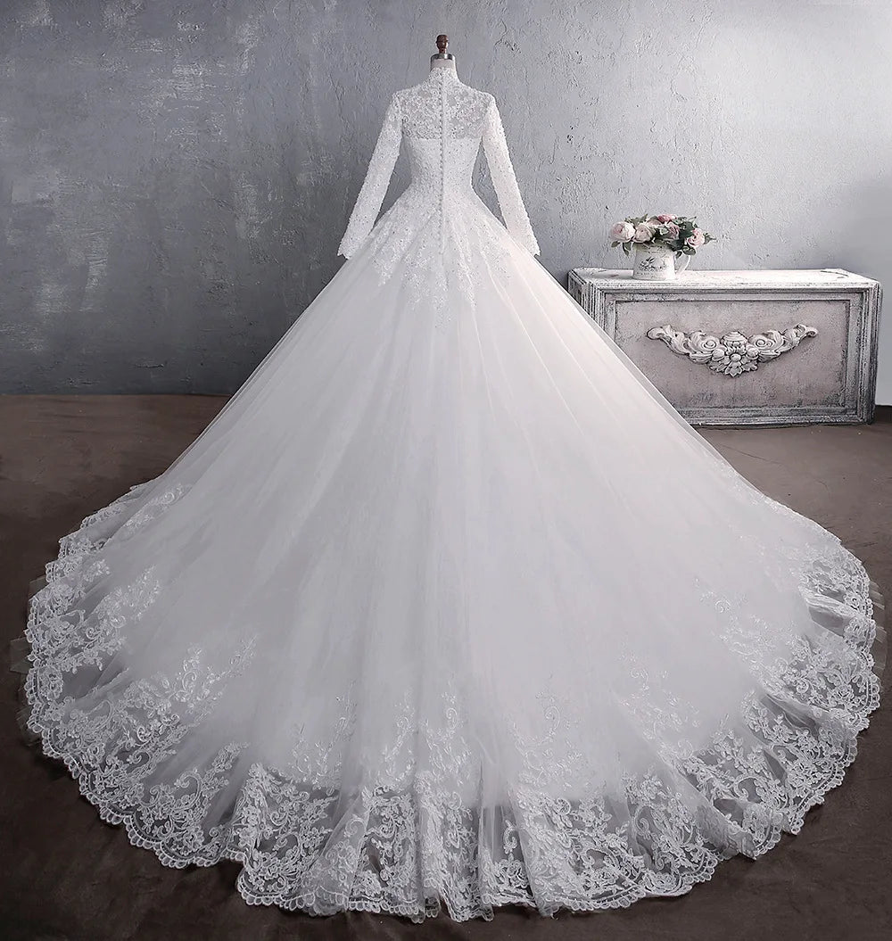 Wedding Dress 2021 Elegant High Neck With Train Princess Bride Dress Luxury Lace Embroidery Wedding Gown Vestido De Noiva