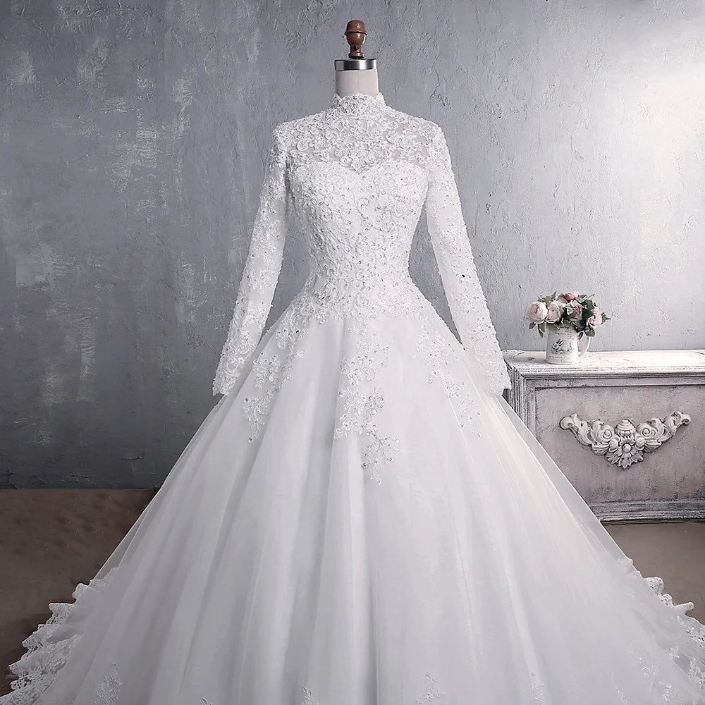 Wedding Dress 2021 Elegant High Neck With Train Princess Bride Dress Luxury Lace Embroidery Wedding Gown Vestido De Noiva