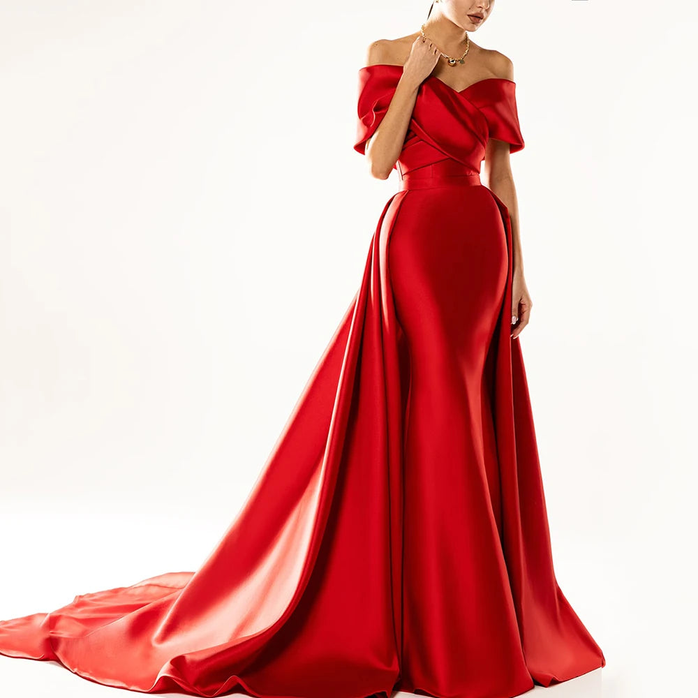Red Mermaid Evening Dresses Long Luxury 2023 Women Satin Elegant Detachable Train Prom Gowns V-Neck Celebrity Robes De Soirée