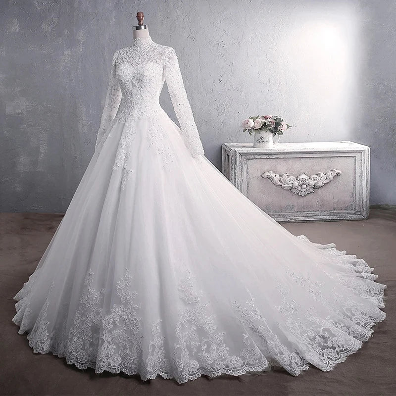 Wedding Dress 2021 Elegant High Neck With Train Princess Bride Dress Luxury Lace Embroidery Wedding Gown Vestido De Noiva