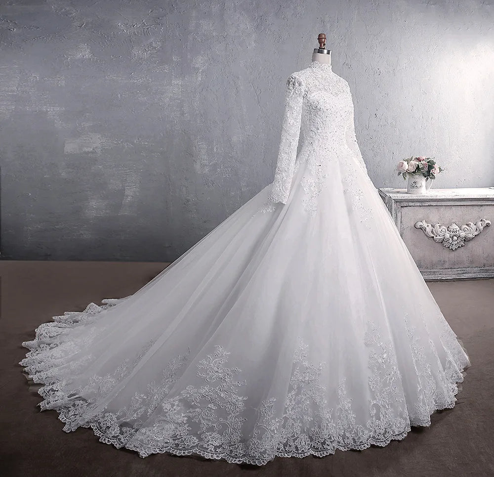 Wedding Dress 2021 Elegant High Neck With Train Princess Bride Dress Luxury Lace Embroidery Wedding Gown Vestido De Noiva