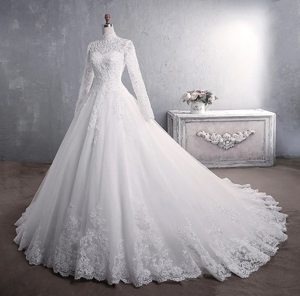 Wedding Dress 2021 Elegant High Neck With Train Princess Bride Dress Luxury Lace Embroidery Wedding Gown Vestido De Noiva