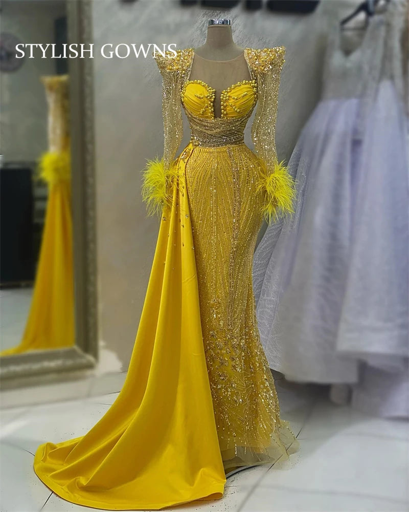 Gold Feather Evening Dresses Bead Crystal Appliques Birthday Dress Luxury 2024 Pearls Full Sleeve Prom Gown Sequin Customized