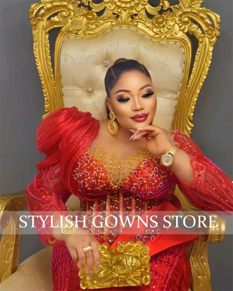 Red Long Sleeves Mermaid Evening Dresses Black Girls Crystals Beaded Aso Ebi African Wedding Reception Party Gowns Customized