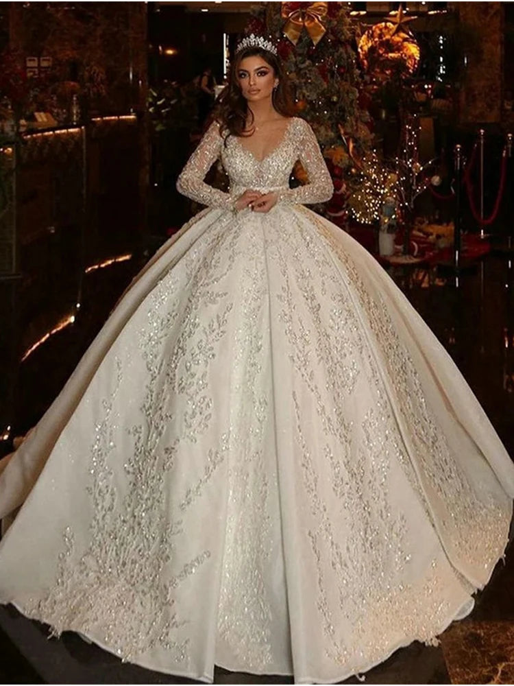 Shiny Chic Wedding Dress Fully Beaded With Princess Ball Gown O-Neck Full Sleeve Bride Dress Customized Button Vestido De Novia