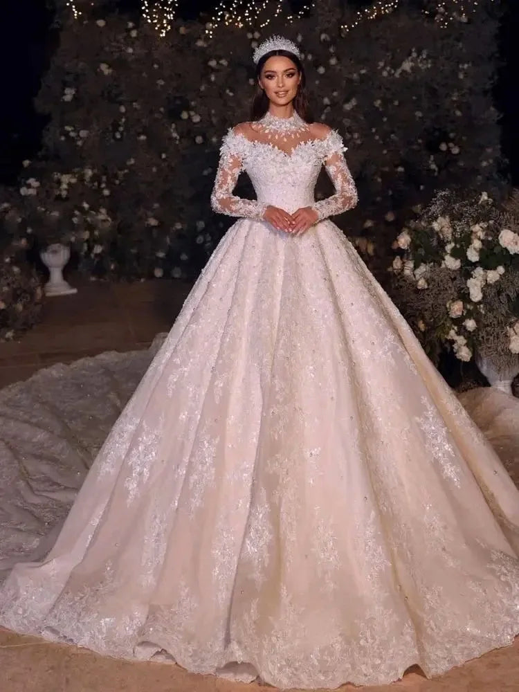 Firstwhite Luxury Ball Gown Wedding Dress Full Sleeves High Collar Pearls Appliques Bridal Dress Vestido De Noiva Customized