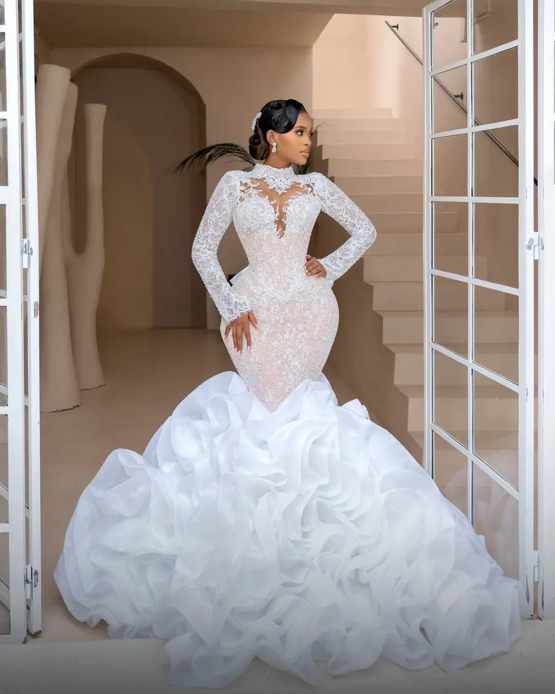 Ruffled South African Wedding Dresses Black Girls Long Sleeves Pearls  Bridal Gown Vestido De Noiva Customized