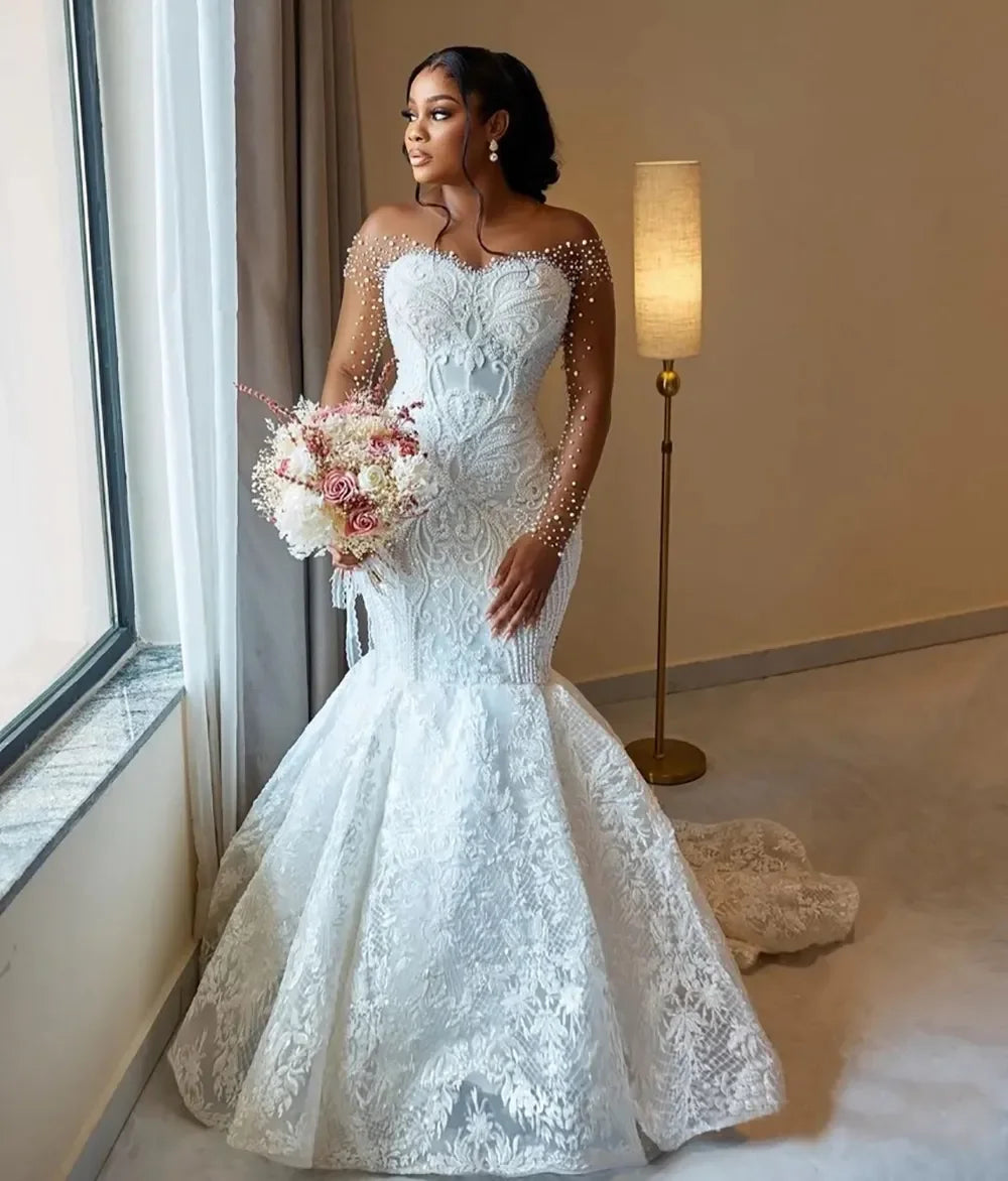 Women's Mermaid Wedding Dress Bridal Dress Naked Neck Phantom Long Sleeve Beaded Lace Wedding Dress Back Button