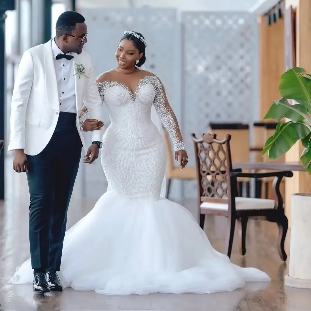 Luxury South African Wedding Dresses Black Girls Long Sleeves Pearls Bridal Gown Dubai Saudi Arabia Vestido De Noiva Customized