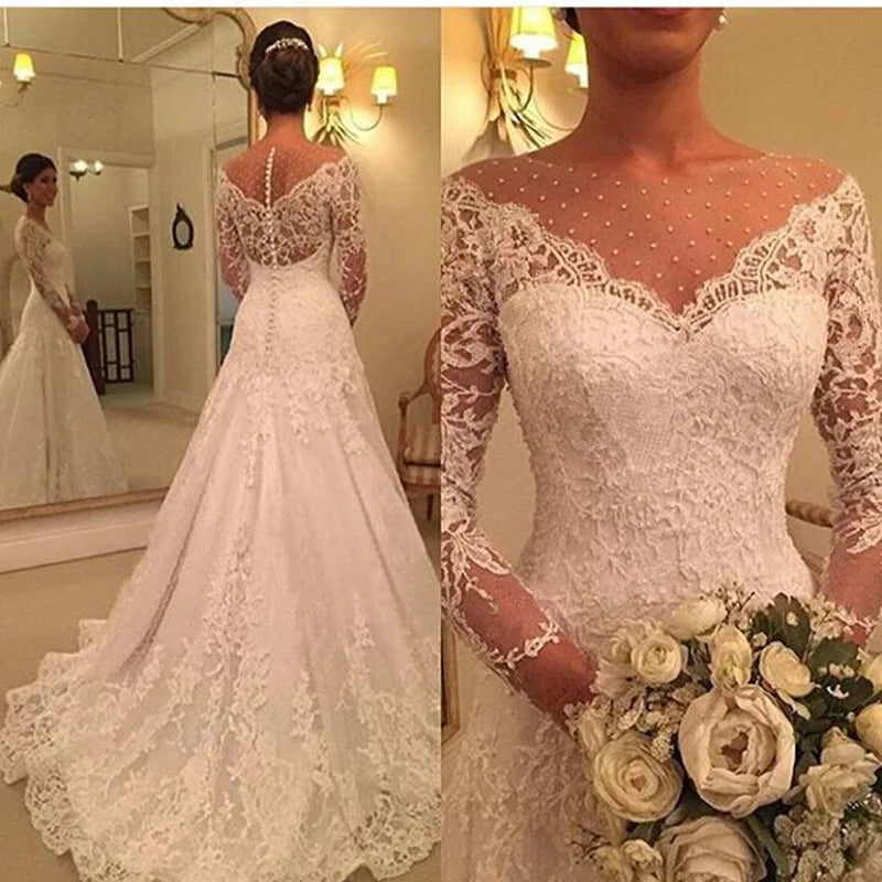 Customized Mermaid Wedding Dresses Long Sleeves Lace Court Train Bridal Gowns Pearls robe de mariée Vestido De Noiva