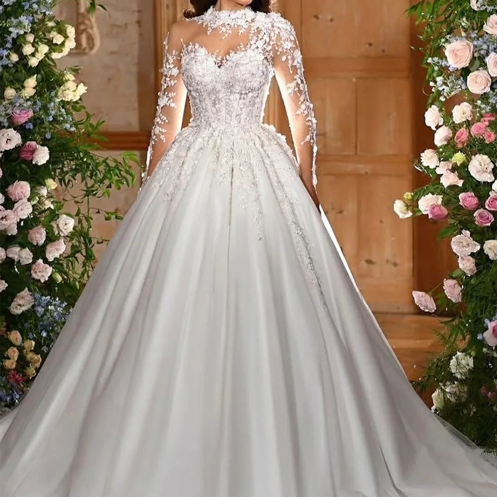 Exquisite Handmade Flowers Customized Wedding Dress Elegant O-Neck A-Line Bridal Gowns Modern Satin Long Sleeves Robe de mariée