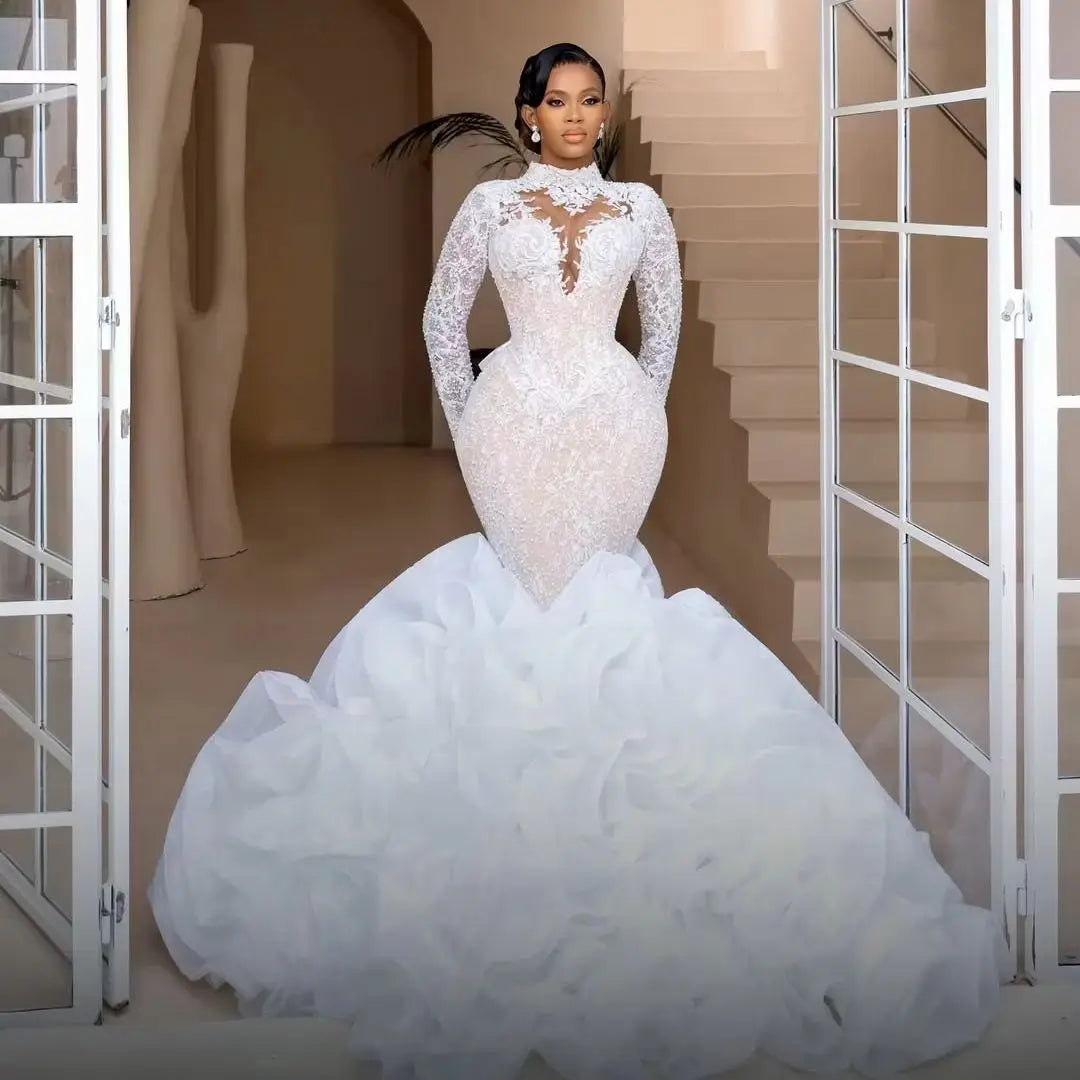 Ruffled South African Wedding Dresses Black Girls Long Sleeves Pearls  Bridal Gown Vestido De Noiva Customized