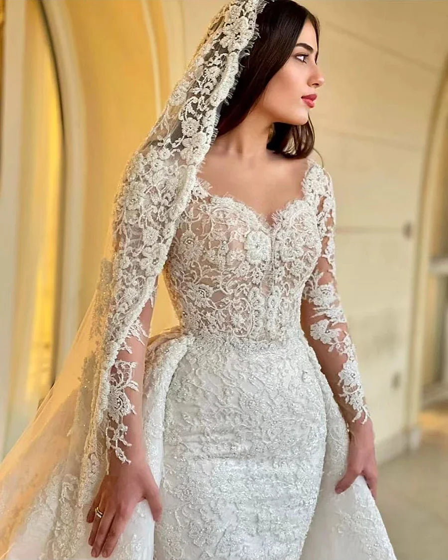 Customized2025Mermaid Wedding Dress Lace Embroidery 2 in 1 Strapless Neckline Full Sleeves Elegant Bride Dress Vestidos De Novia