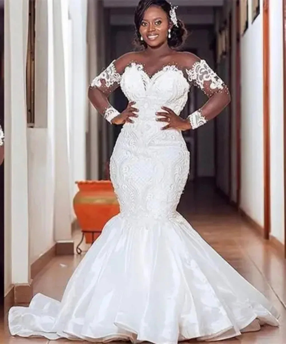 Luxury Mermaid Wedding Dresses Plus Size Illusion O-neck Long Sleeve Lace Beaded African Bridal Gowns vestido de novia
