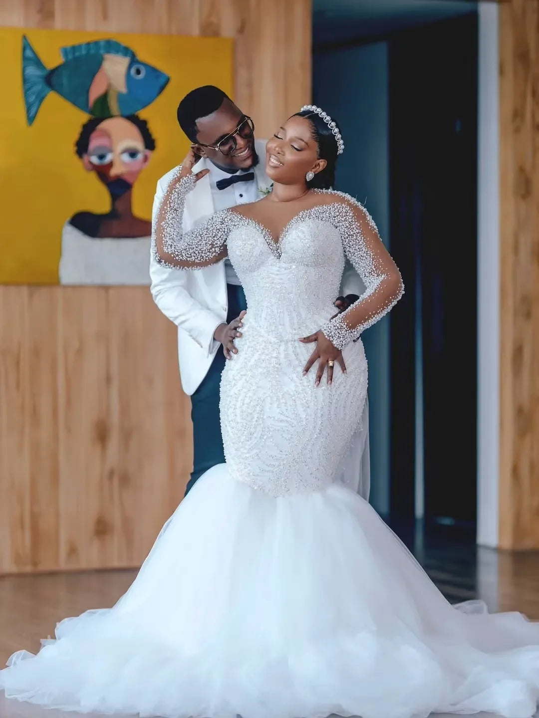 Luxury South African Wedding Dresses Black Girls Long Sleeves Pearls Bridal Gown Dubai Saudi Arabia Vestido De Noiva Customized