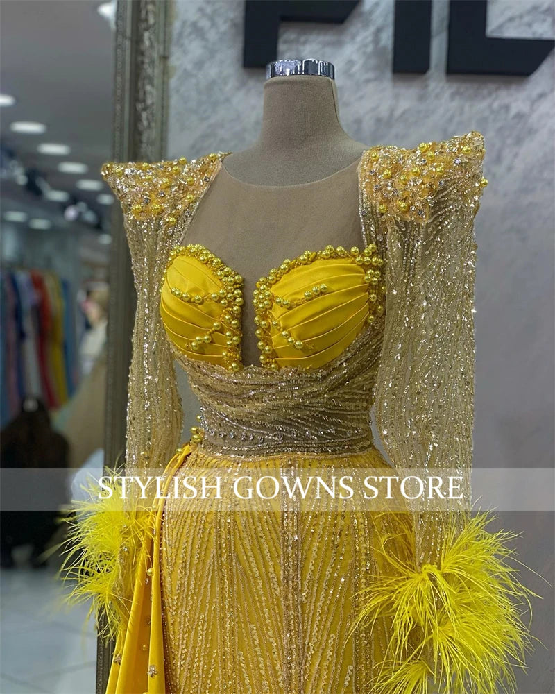 Gold Feather Evening Dresses Bead Crystal Appliques Birthday Dress Luxury 2024 Pearls Full Sleeve Prom Gown Sequin Customized