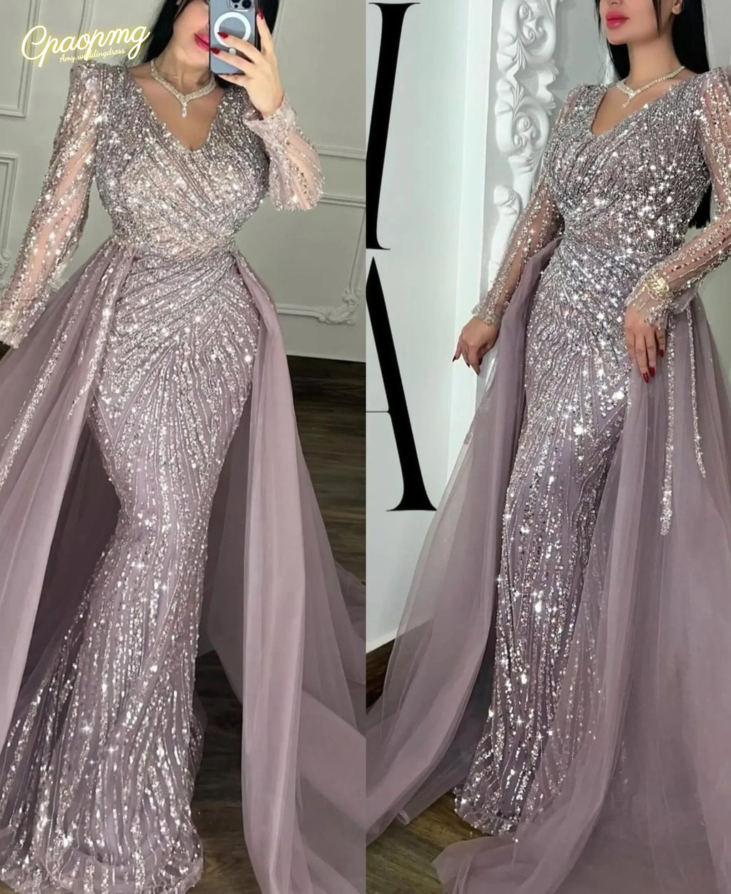 Luxurious Crystal Mermaid Evening Dress With Train V Neck Long Sleeves Beaded Prom Dress Muslim Formal Dresses