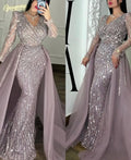 Luxurious Crystal Mermaid Evening Dress With Train V Neck Long Sleeves Beaded Prom Dress Muslim Formal Dresses