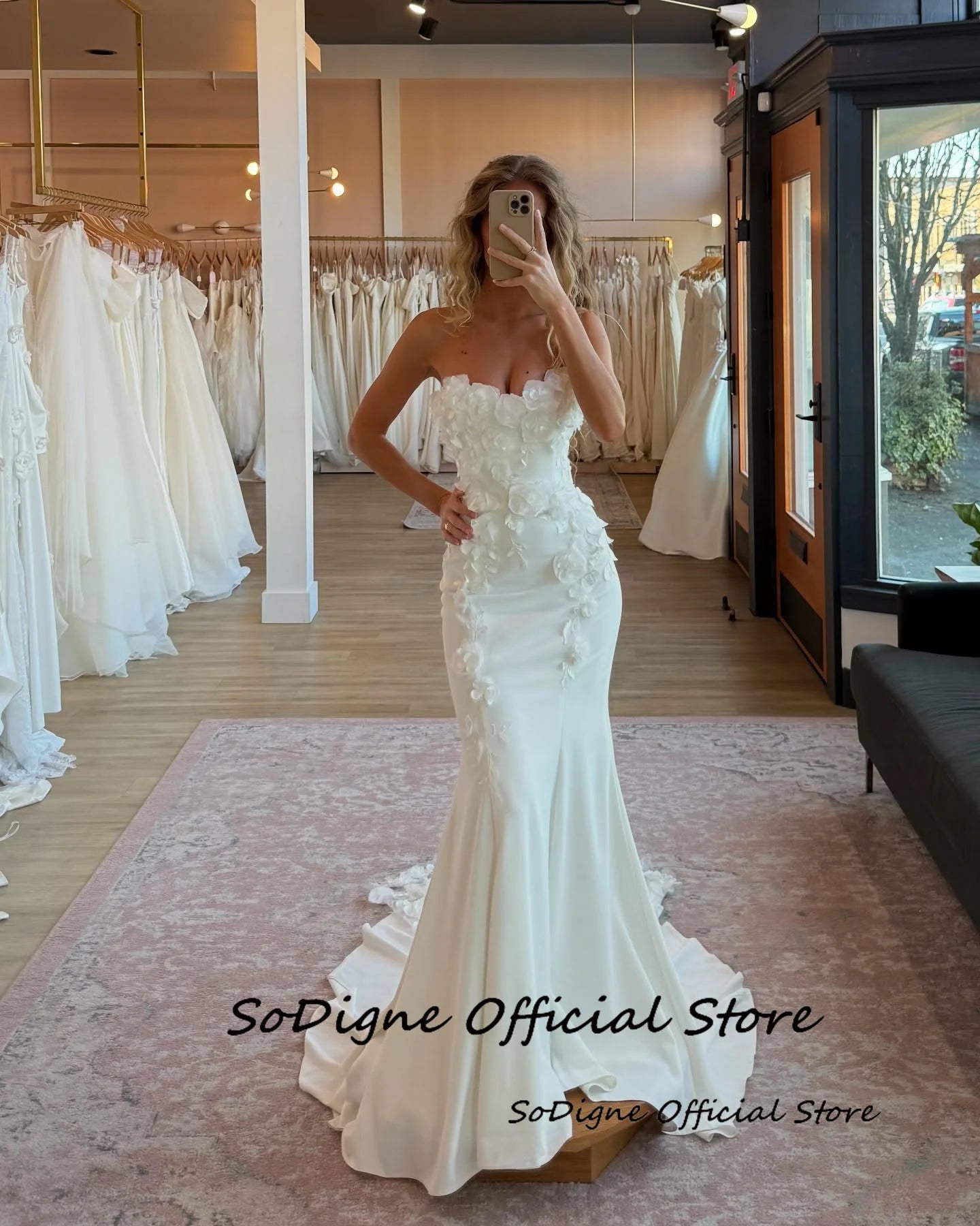 Mermaid 3D Flower Wedding Dresses Sleeveless Satin Long Bride Dress Elegant Wedding Gown vestidos de novia Customized