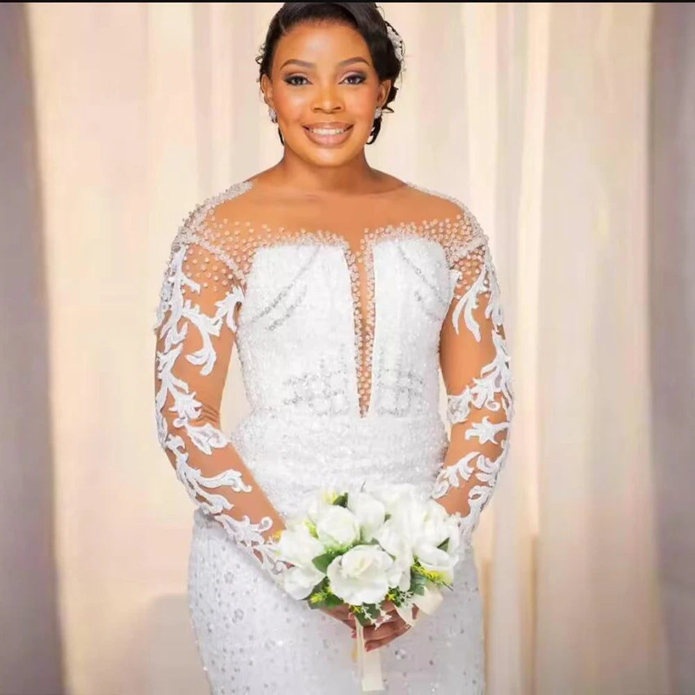 Luxury Lace Appliques Mermaid Wedding Dress For Bride Illusion Long Sleeves O Neck Beaded Bridal Gowns Sweep Train Women Attire