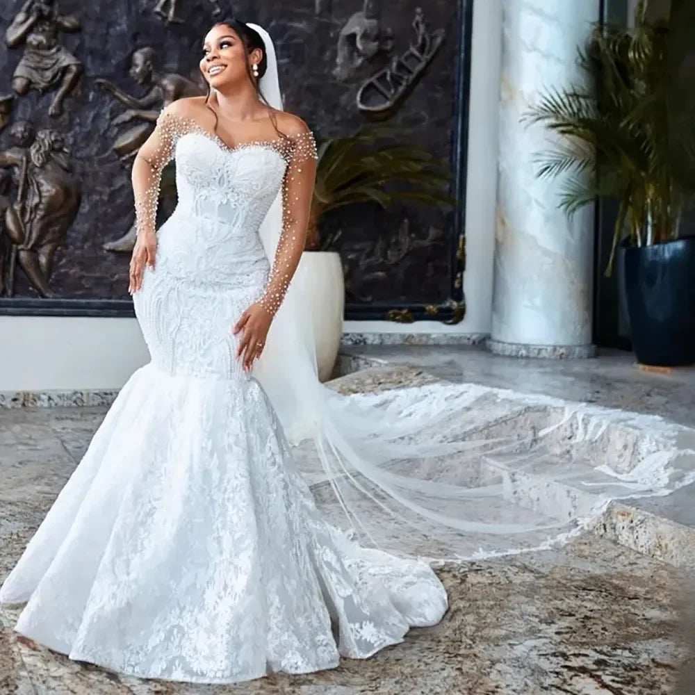 Women's Mermaid Wedding Dress Bridal Dress Naked Neck Phantom Long Sleeve Beaded Lace Wedding Dress Back Button