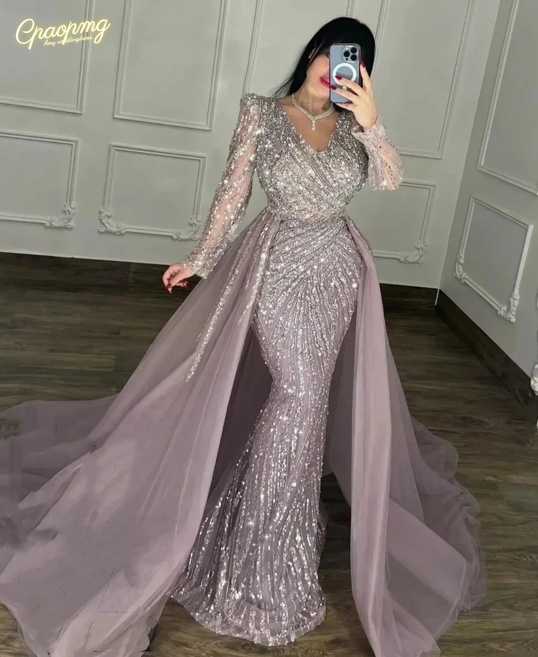 Luxurious Crystal Mermaid Evening Dress With Train V Neck Long Sleeves Beaded Prom Dress Muslim Formal Dresses