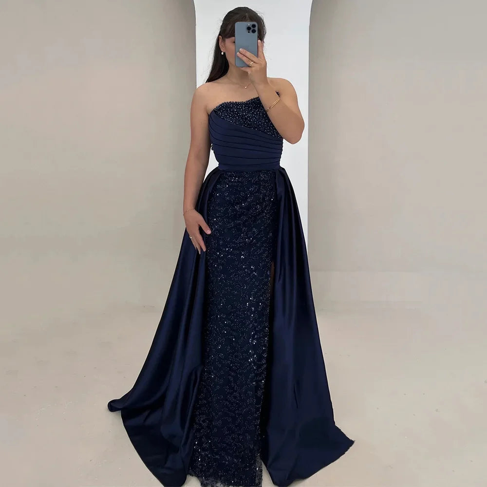 Elegant Sleeveless Sparkling Mermaid Evening Dress Pearl Sweeping Train Dress Wedding Guests Ball Dress Customization