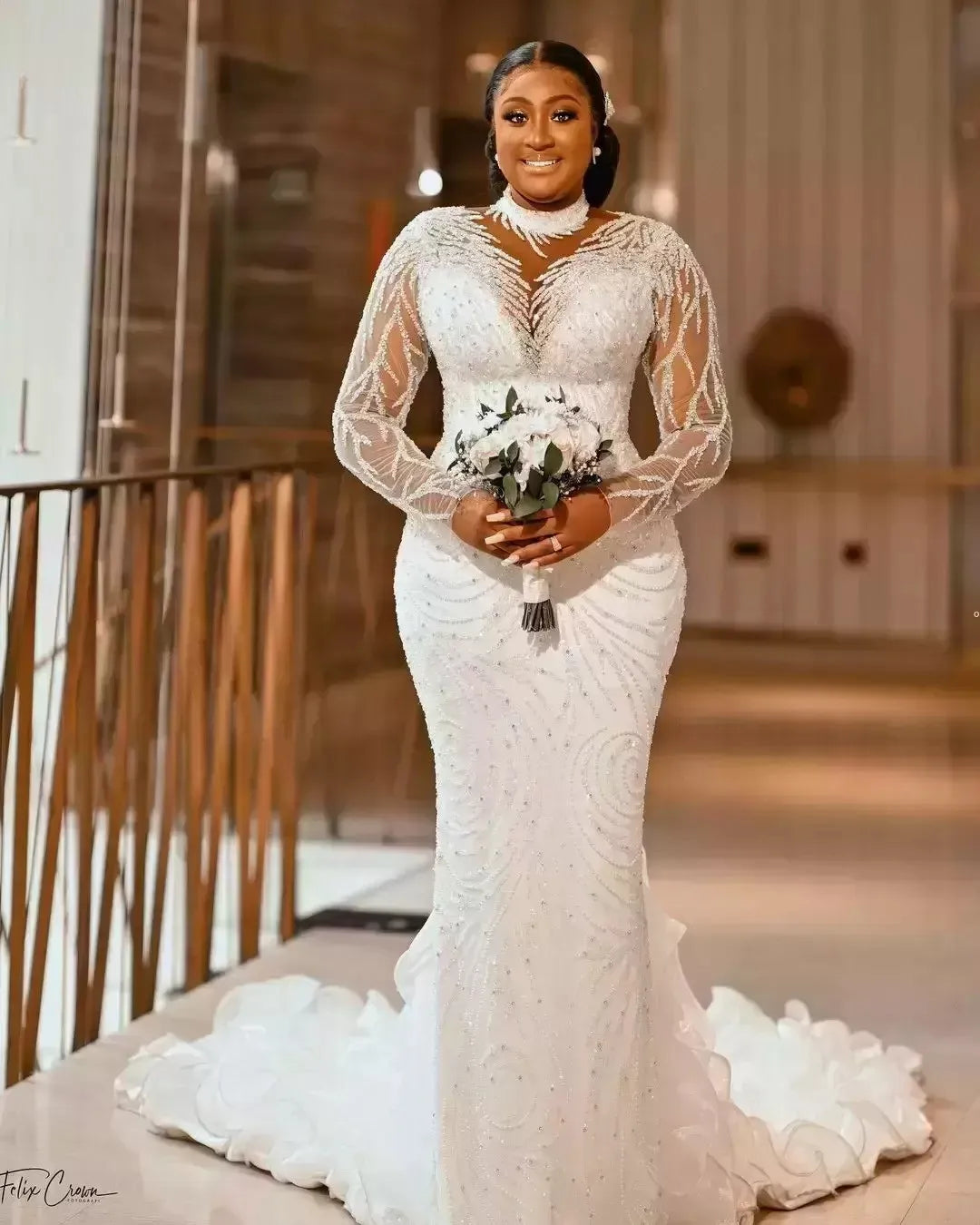 Plus Size Arabic Sheer Neck Mermaid Wedding Dress Sexy Long Sleeves Lace Beaded Bridal Gowns Vestidos De Novia Custom Made