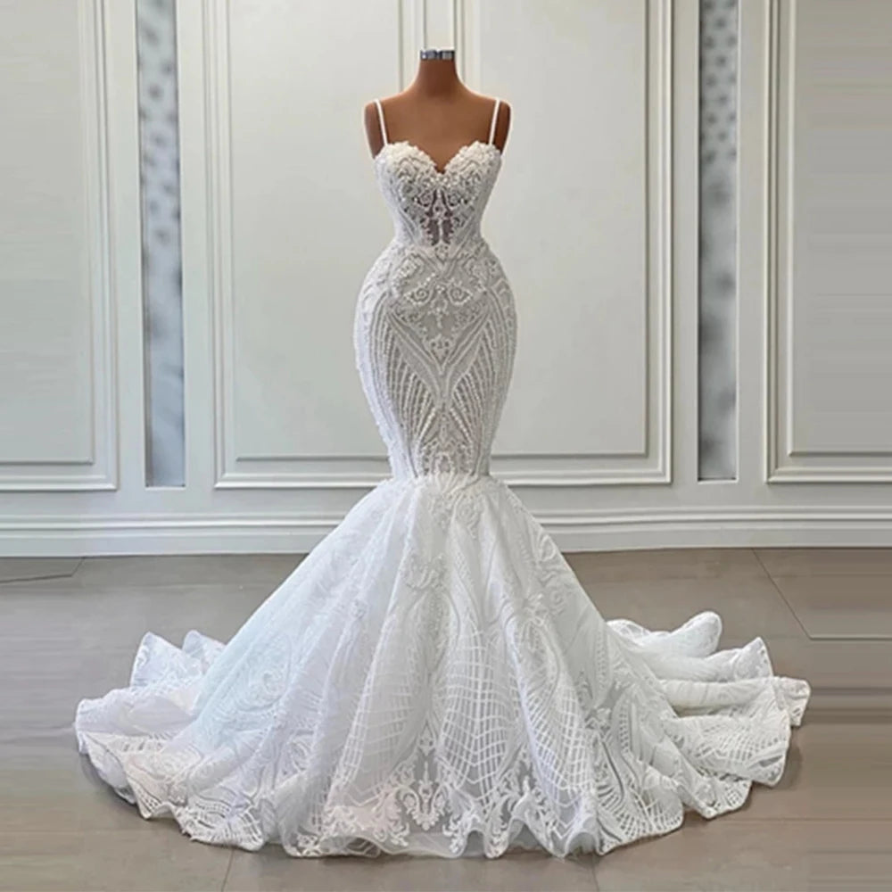 Magnificent Wedding Dresses Beading Pearls Mermaid Pretty Spaghetti Strap Appliques Lace Long Bridal Gowns Zipper Customized