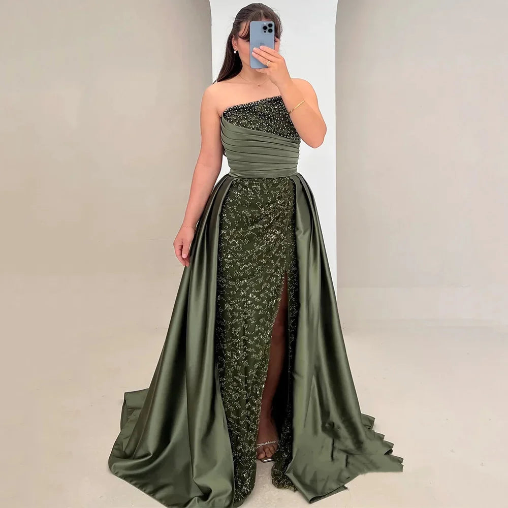 Elegant Sleeveless Sparkling Mermaid Evening Dress Pearl Sweeping Train Dress Wedding Guests Ball Dress Customization
