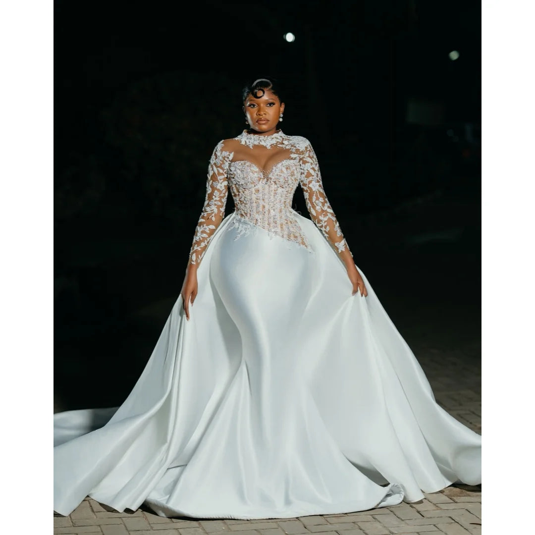 Luxury Mermaid Wedding Dress For Black Women Customized Long Sleeve Lace Beaded Corset Bridal Gown Detachable Satin Wedding Robe
