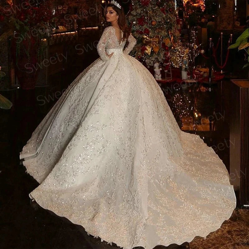 Shiny Chic Wedding Dress Fully Beaded With Princess Ball Gown O-Neck Full Sleeve Bride Dress Customized Button Vestido De Novia