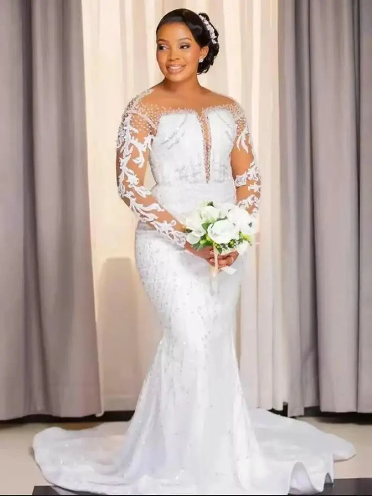 Luxury Lace Appliques Mermaid Wedding Dress For Bride Illusion Long Sleeves O Neck Beaded Bridal Gowns Sweep Train Women Attire