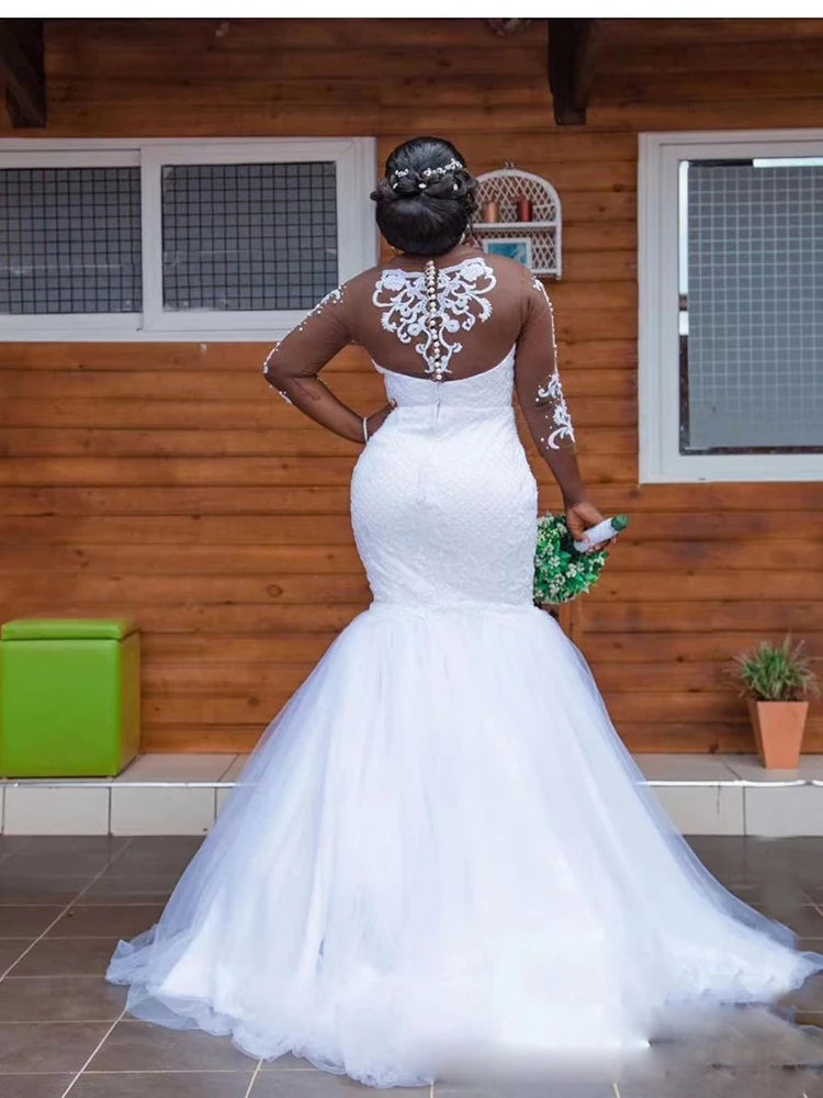Luxury Mermaid Wedding Dresses Illusion O-neck Long Sleeve  Appliques Plus Size Bridal Gown Vestidos De Novia African Bride