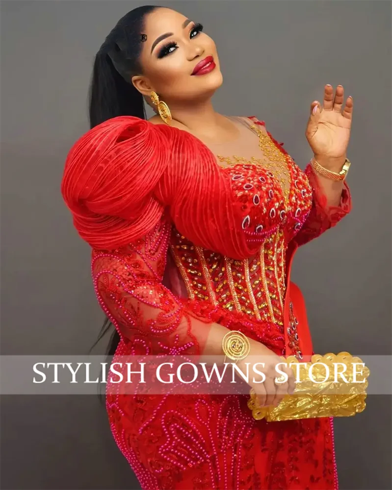 Red Long Sleeves Mermaid Evening Dresses Black Girls Crystals Beaded Aso Ebi African Wedding Reception Party Gowns Customized