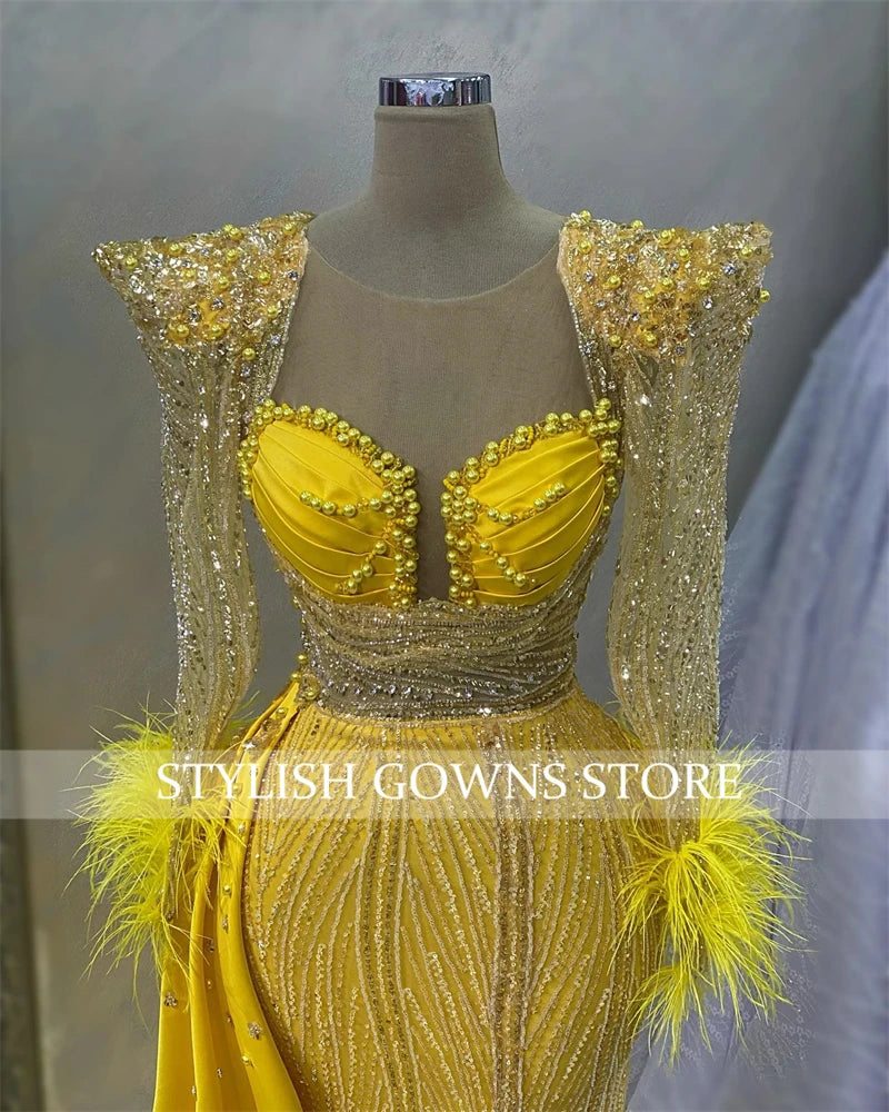 Gold Feather Evening Dresses Bead Crystal Appliques Birthday Dress Luxury 2024 Pearls Full Sleeve Prom Gown Sequin Customized