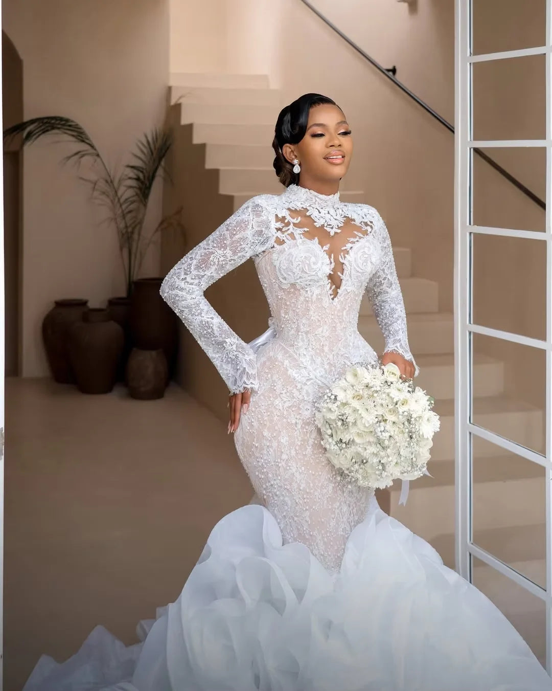 Ruffled South African Wedding Dresses Black Girls Long Sleeves Pearls  Bridal Gown Vestido De Noiva Customized