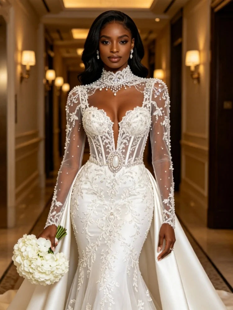 Luxury Mermaid Wedding Dress 2026 High Neck Pearl Collar Long Sheer Sleeve Beaded Lace Bridal Gown Satin Overskirt Train