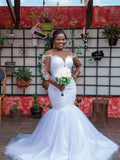 Luxury Mermaid Wedding Dresses Illusion O-neck Long Sleeve  Appliques Plus Size Bridal Gown Vestidos De Novia African Bride