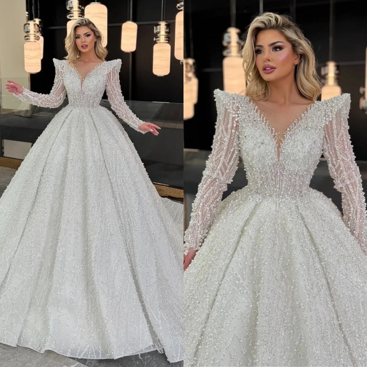 Vintage V Neck Wedding Dresses Sequins Pearls Bridal Ball Gowns Beading Rhinestone Long Sleeves Customized Vestidos De Novia