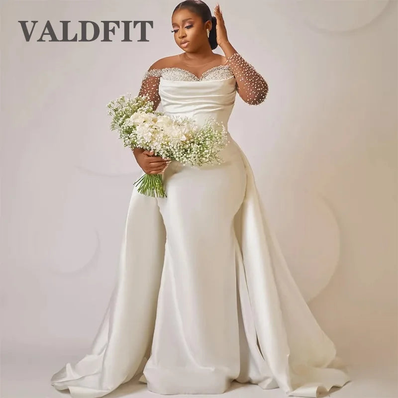 Long Sleeve Ivory Mermaid Wedding Dresses Bride Lace Appliques