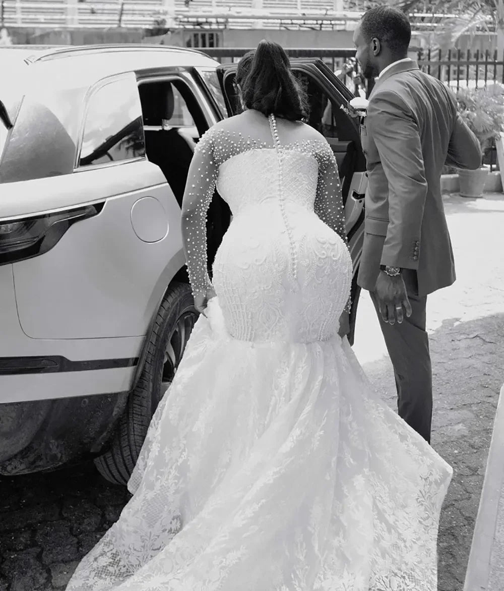 Women's Mermaid Wedding Dress Bridal Dress Naked Neck Phantom Long Sleeve Beaded Lace Wedding Dress Back Button