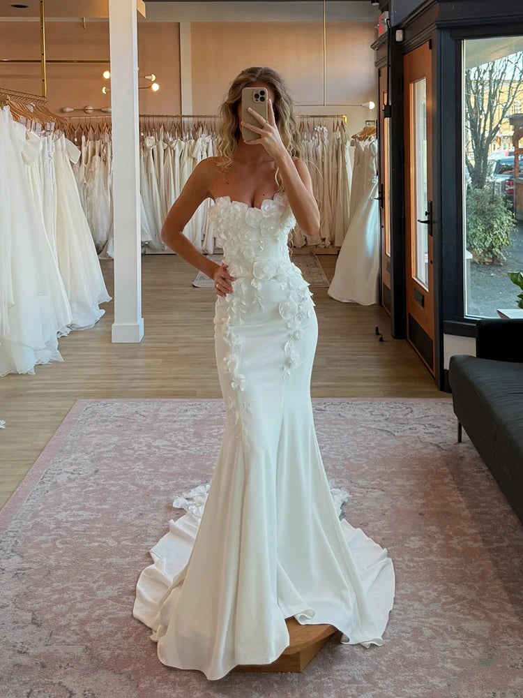 Mermaid 3D Flower Wedding Dresses Sleeveless Satin Long Bride Dress Elegant Wedding Gown vestidos de novia Customized