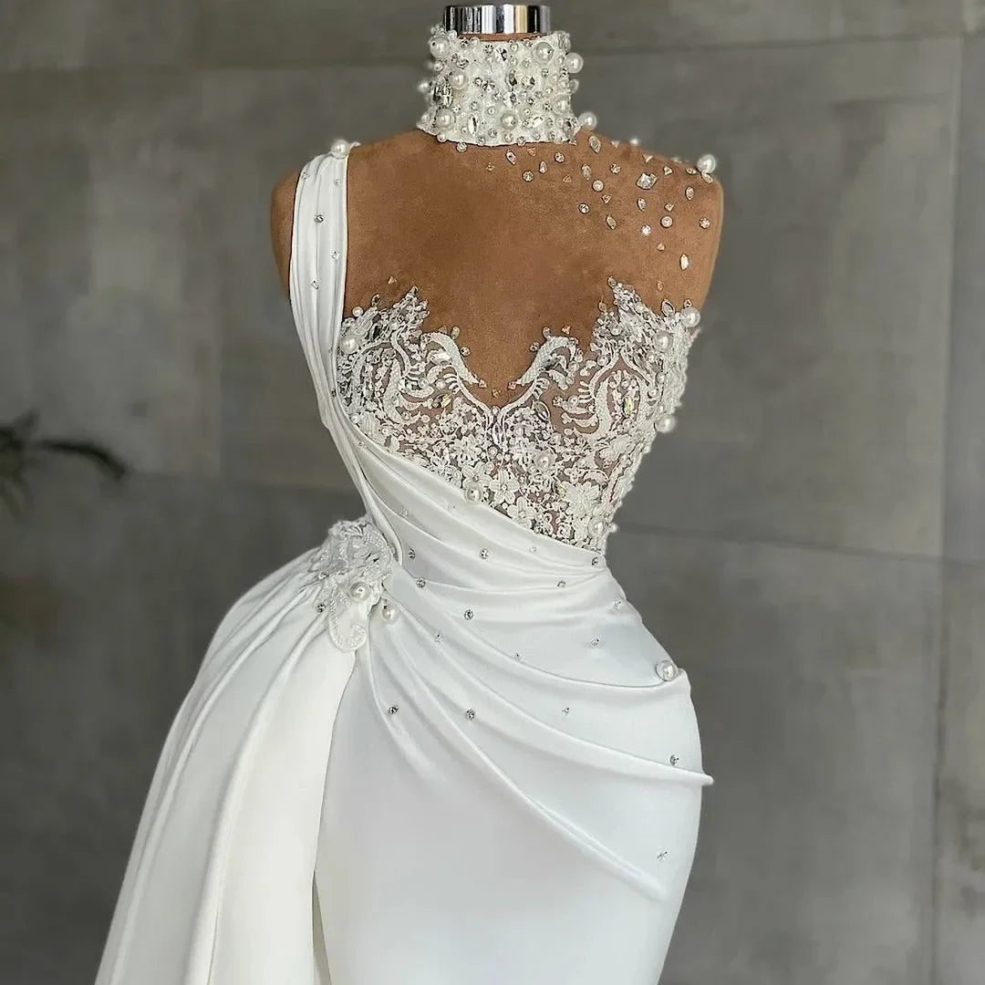 Mermaid Wedding Dresses with Detachable Train Pearls Applique Beaded Bridal Gowns High Neck Robes De Mariee Vestidos Customized