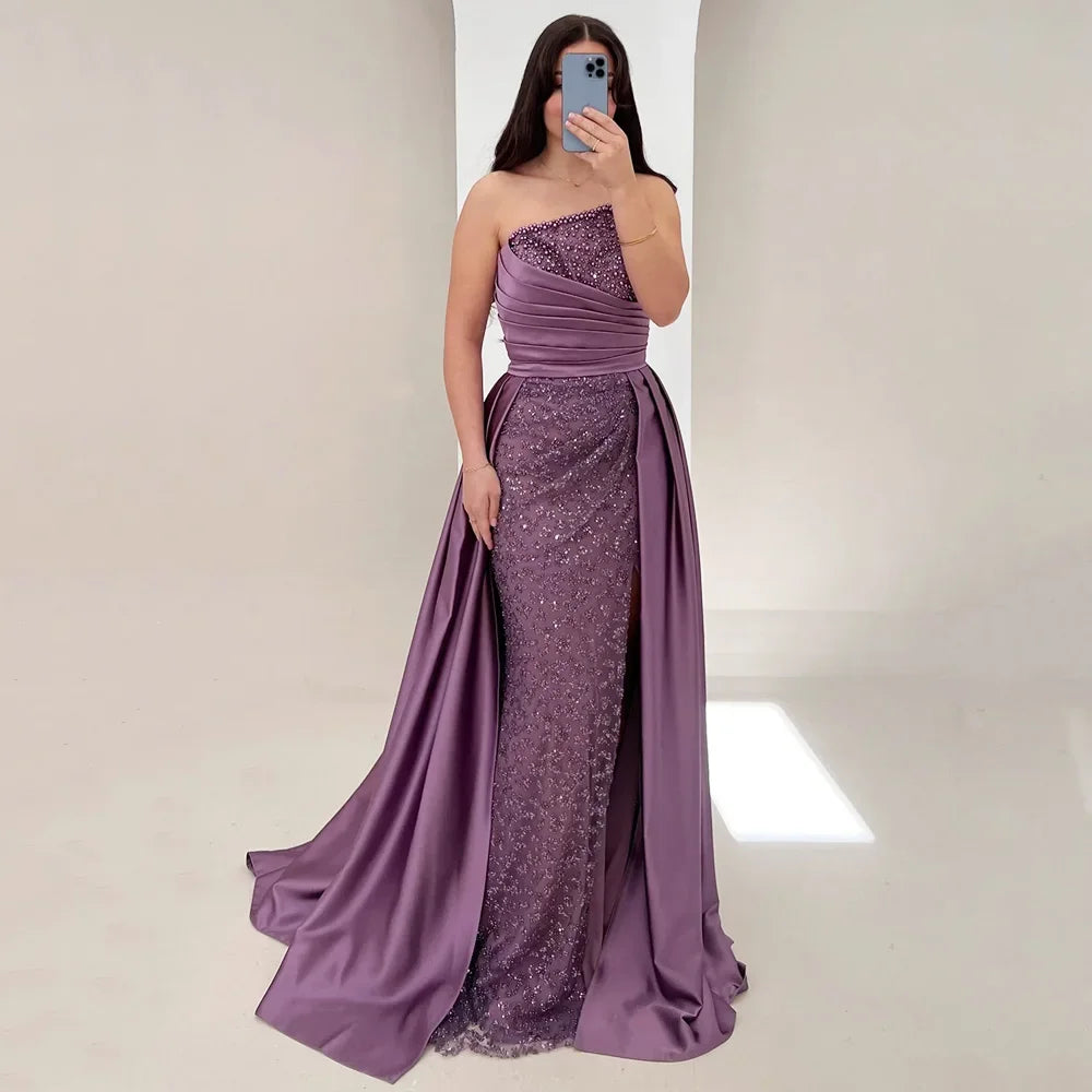 Elegant Sleeveless Sparkling Mermaid Evening Dress Pearl Sweeping Train Dress Wedding Guests Ball Dress Customization