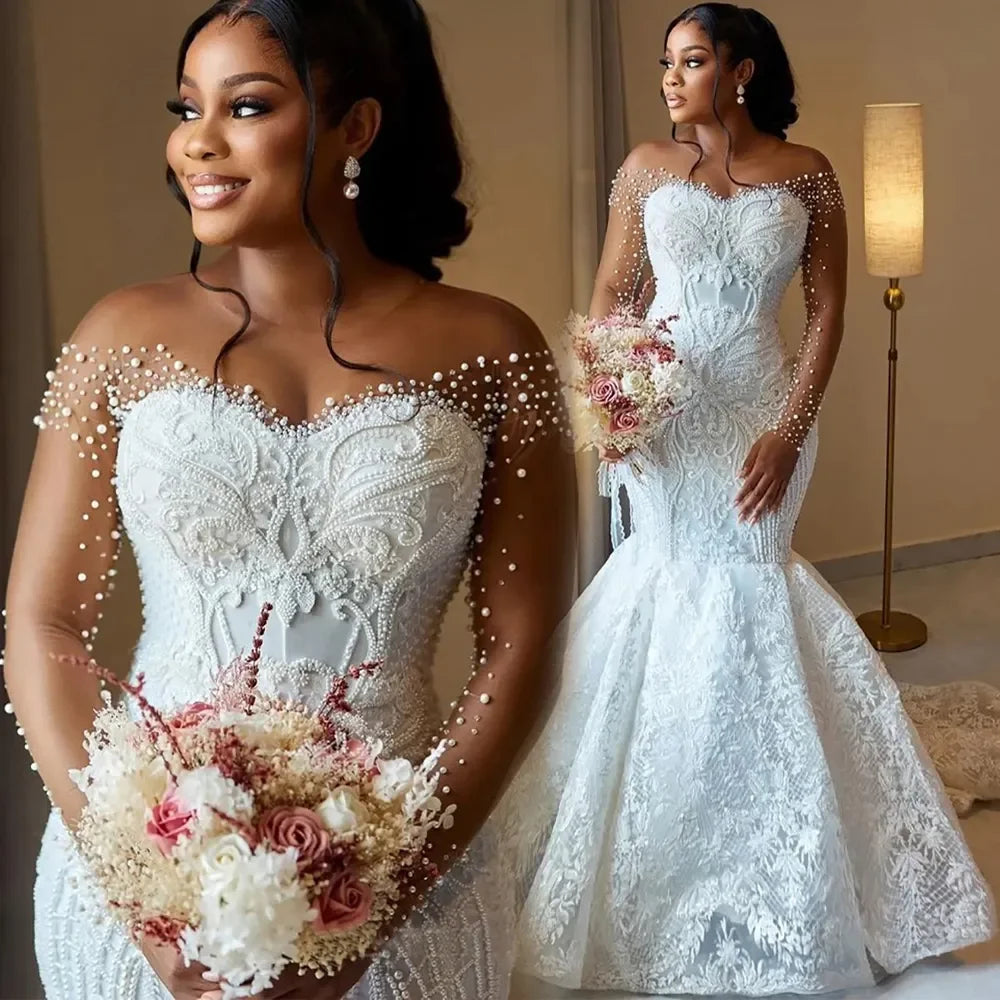 Women's Mermaid Wedding Dress Bridal Dress Naked Neck Phantom Long Sleeve Beaded Lace Wedding Dress Back Button