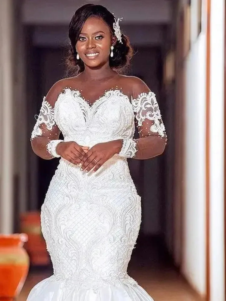 Luxury Mermaid Wedding Dresses Plus Size Illusion O-neck Long Sleeve Lace Beaded African Bridal Gowns vestido de novia